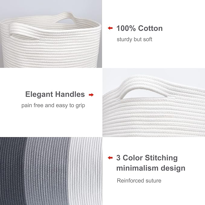 Large Laundry Hamper for Girls Boys Kids 72L, Nursery Hamper, Tall Laundry Basket, Cotton Rope Woven Blanket Basket for Storage Toys Clothes Towels, 16”x 22”, White & Gray