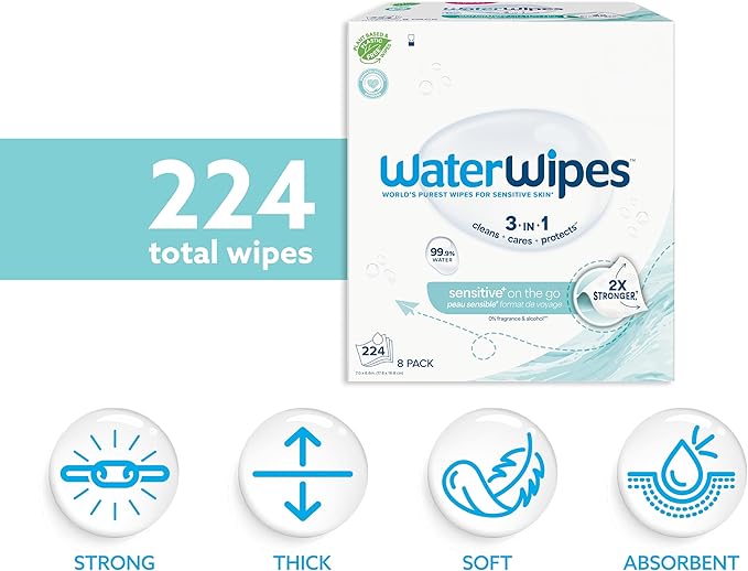 WaterWipes Sensitive+ On The Go Wipes, 3-In-1 Cleans, Cares, Protects, 99.9% Water, Unscented & Hypoallergenic Wet Wipes, 224 Count (8 Packs)