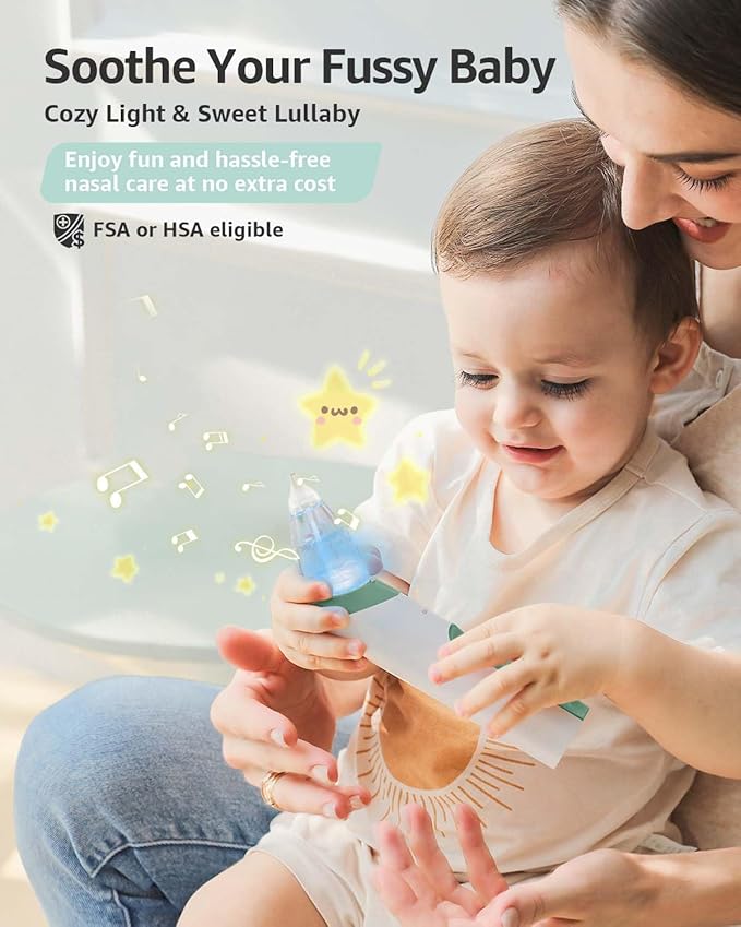 GROWNSY Nasal Aspirator for Baby, Electric Nose Aspirator for Toddler, Baby Nose Sucker, Automatic Nose Cleaner with 3 Silicone Tips, Adjustable Suctions, Music and Light Soothing Function (Green)