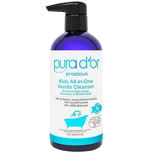 PURA D'OR 16 Oz Kids Wash - All-in-One Gentle Cleanser - USDA Biobased, Sulfate-Free, Tear-Less, Hypoallergenic, Premium, Shampoo & Bubble Bath