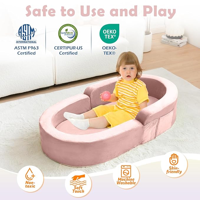 QUCHI Toddler Travel Bed - Portable & Foldable 2-in-1 Travel Cot, Soft Foam with Washable Cover, Convertible Sofa for Toddlers & Kids, Indoor & Outdoor Use