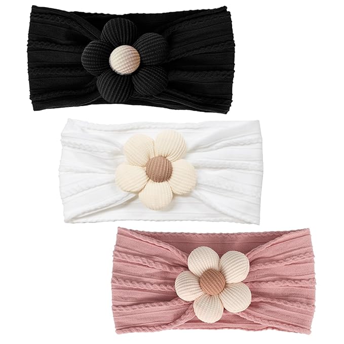 3 Pcs Baby Flower Headbands Baby Girls Nylon Headband Soft Hairbands Hair Accessories for Newborn Infant Toddler Kids (White Black Pink)