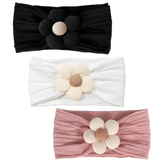 3 Pcs Baby Flower Headbands Baby Girls Nylon Headband Soft Hairbands Hair Accessories for Newborn Infant Toddler Kids (White Black Pink)