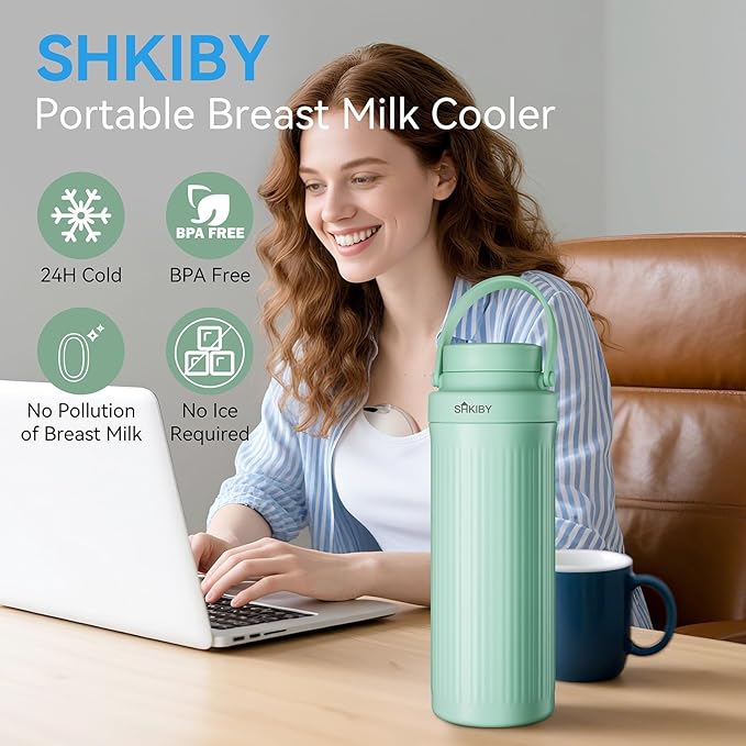 Portable-Breast-Milk-Cooler for Outdoor, Life Saver with 360° Total Cooling for 24 Hours, Larger Capacity Travel Breastmilk Chiller with 2pcs Baby Bottles for Breastmilk Storage, Green