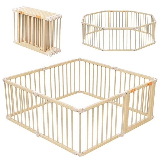 Baby Playpen, Wooden Playpen for Babies and Toddlers, Foldable Play Yard with Gate, 8 Panels Baby Fence, Indoor Play Area, Child Activity Center