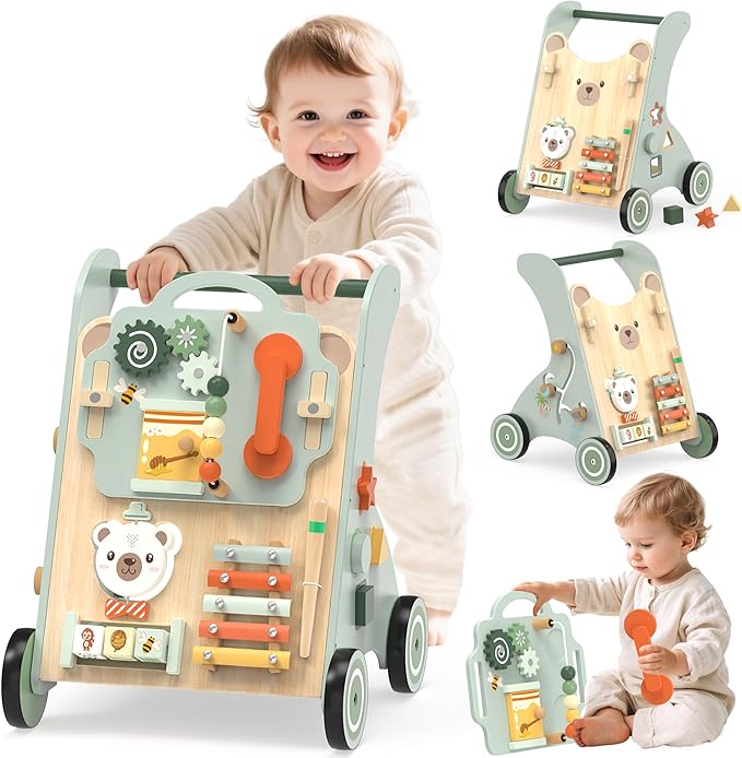 Wooden Baby Walker, Adjustable Speed Baby Push Walker for 1 Year Old, 10-in-1 Montessori Walker for Boys & Girls, Toddler Sit-to-Stand Learning Toy with Detachable Busy Board