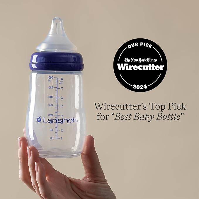 Lansinoh Anti-Colic Baby Bottles for Breastfeeding Babies, 8 Ounces, 6 Count, Includes 6 Medium Flow Nipples, Size M