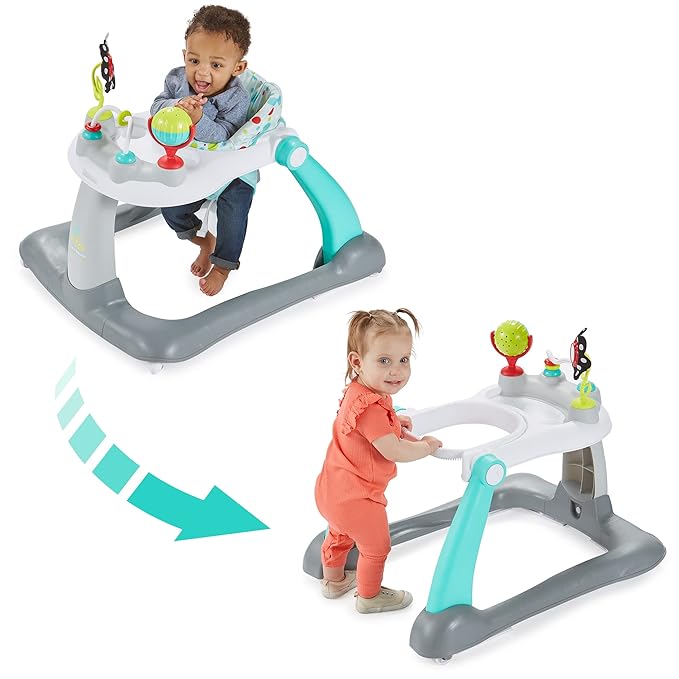 Kolcraft Tiny Steps 2 in 1 Foldable Infant and Baby Walker with Wheels, Seated or Walk Behind Activity Center, Entertaining Developmental Activities for Boys and Girls, Wide Base Sturdy Frame, Bubbles