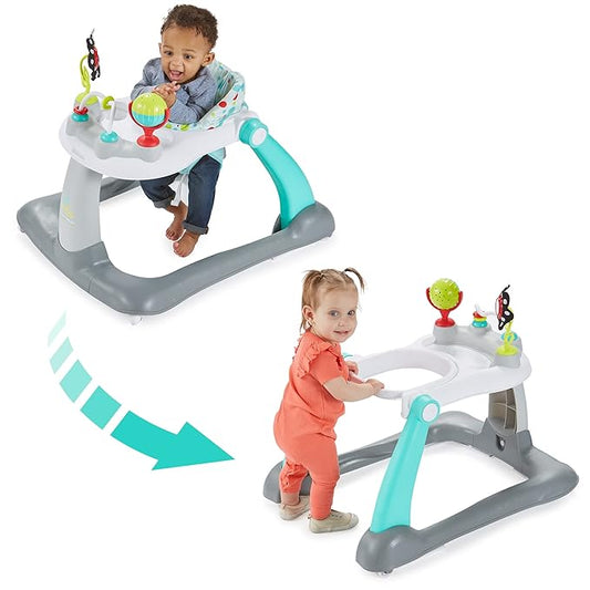 Kolcraft Tiny Steps 2 in 1 Foldable Infant and Baby Walker with Wheels, Seated or Walk Behind Activity Center, Entertaining Developmental Activities for Boys and Girls, Wide Base Sturdy Frame, Bubbles