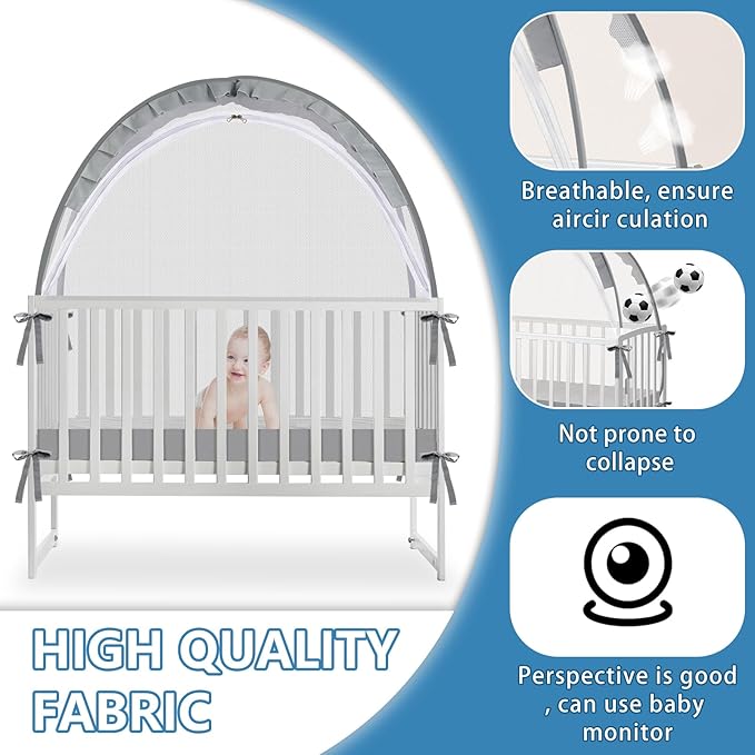 Crib Tent - Crib Net to Keep Baby in, Stop Baby from Climbing Out of Crib, Pop Up Baby Crib Tent with Double Zip Strong Rods and Breathable Net Clear Visibility Easy to Install (Grey, Large)