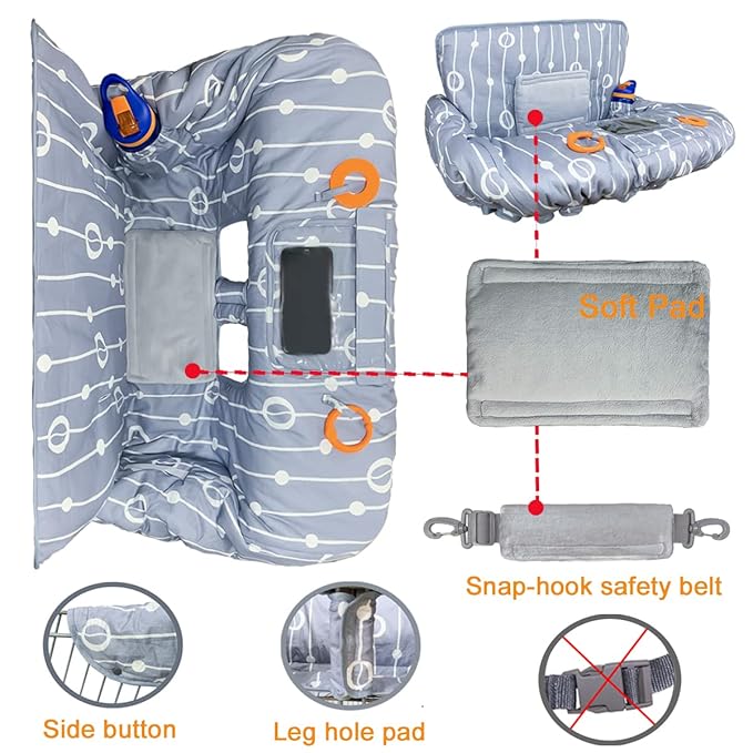 Shopping Cart Cover for Baby Grocery Cart Cover for Baby boy and Baby Girl, High Chair Cover for Baby and Toddler, Baby Registry Gift - Waterproof - Extra Large - Cotton - Double Sided (Grey)