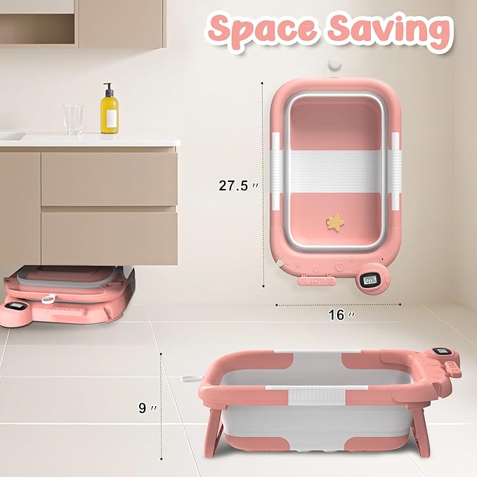 Collapsible Baby Bathtub for Newborn,Baby Tub with Soft Floating Cushion & Thermometer for Infant to Toddler,Portable Travel Bathtub with No-Slip Feet for 0-36 Months-Pink