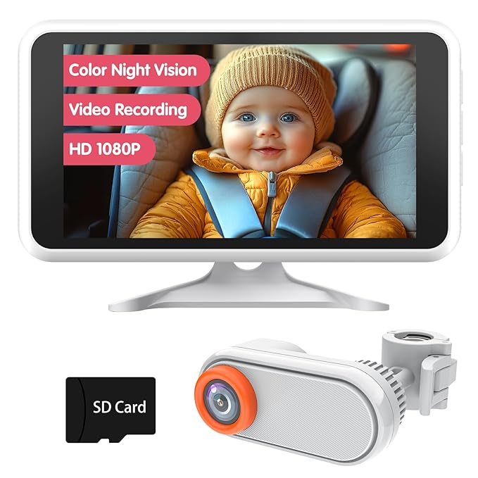 Baby Car Camera with Night Vision, HD 1080P Car Camera for Baby Video Recording with TF Card Car Baby Camera 3X Zoom 360° Rotation for Rear Facing Seat White