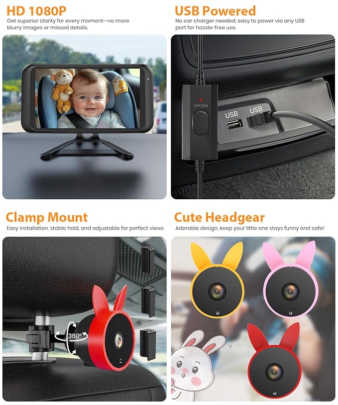 BV2 Baby Car Camera, 4.5'' HD 1080P USB Rear-Facing Mirror, IR Night Vision, 360° Adjustable, Plug & Play Backup Monitor for Child & Pet Safety