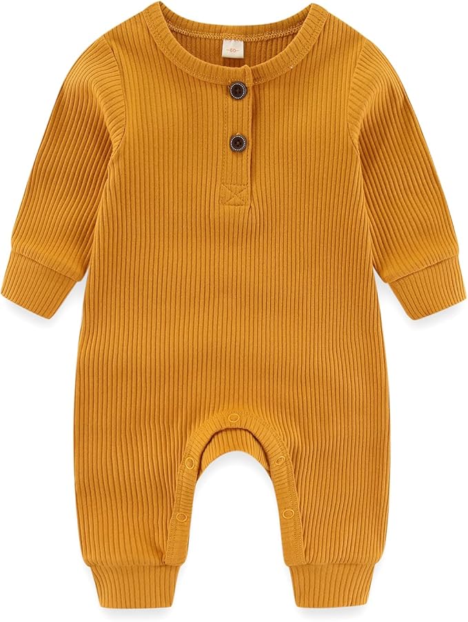 Newborn Baby Boys Girls One Piece Romper With Mitten Cuffs 3 Pack Long Sleeve Ribbed Button Jumpsuit Outfit Clothes