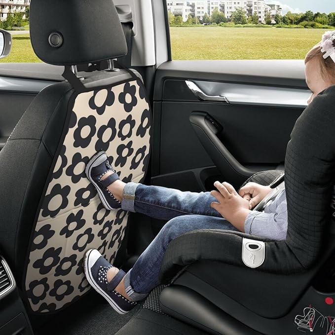 Vintage Groovy Flowers Car Kick Mats Back Seat Protector 2 Pack Auto Seat Back Covers with 3 Organizer Travel Accessories Universal Vehicle Interior from Dirt, Mud