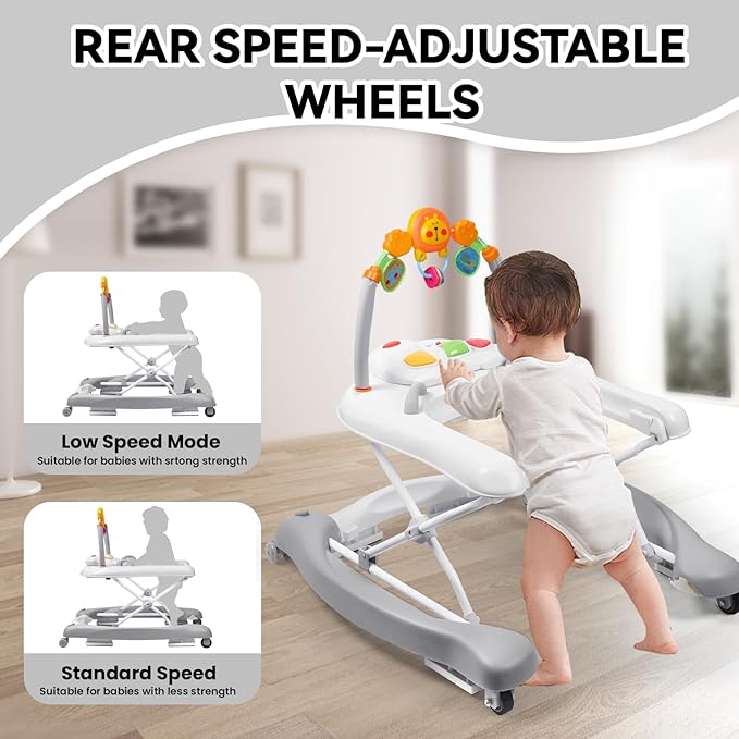 Baby Walker, 5 in 1 Baby Walkers for Boys Girls 6-12 Months, Foldable Walkers for Babies with Bouncer & Feeding Tray, Music, Adjustable Heights, Activity Walker for Infant