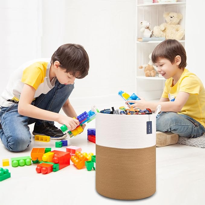 COMSE Extra Large Blanket Basket, Tall Woven Storage Basket, Nursery Hamper, 15.7”x 21.7”, Cotton Rope Laundry Hamper for Toys Clothes Towels, White/Camel