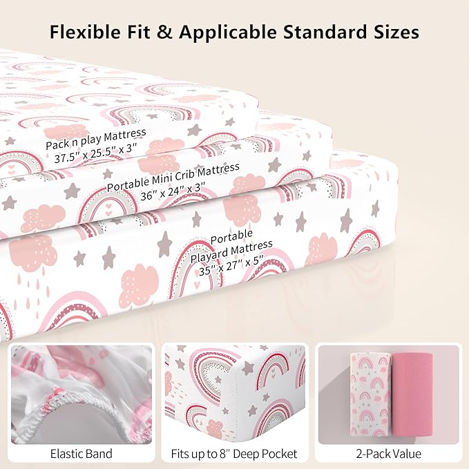 Pack N Play Sheets Fitted, 2-Pack Fit for Standard Pack N Play Mattress, Mini Crib Sheets,Breathable Soft Unisex Playard Sheets (Pink Rainbow & Pink)