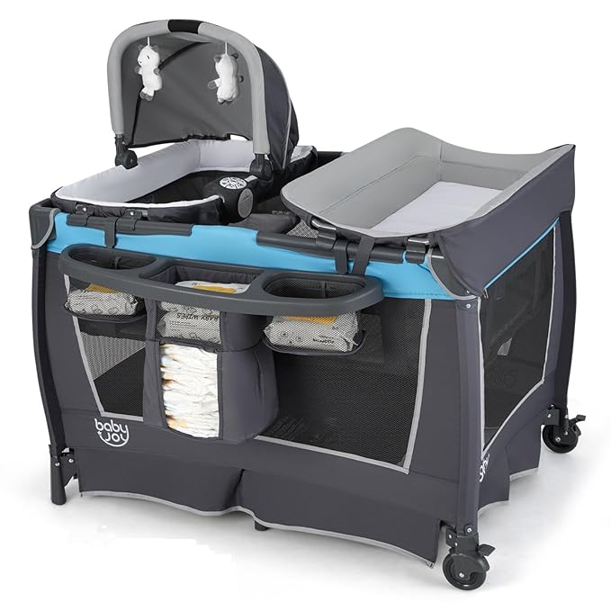 BABY JOY 5 in 1 Pack and Play, Portable Nursery Center Baby Playard w/Bassinet & Diaper Changing Table, Infant Bassinet Activity Center with Toys, Music, Oxford Bag for Toddlers (Royal Blue, Classic)