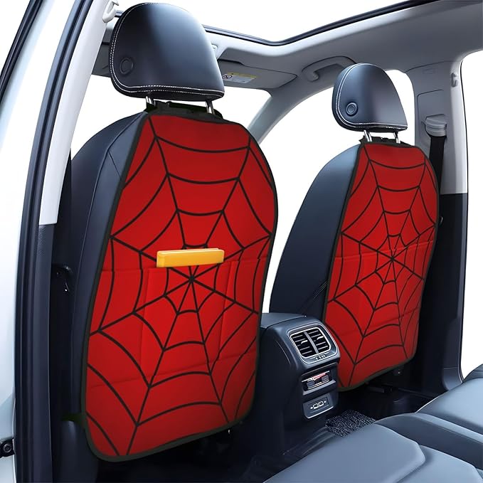 Red Spider Web Car Kick Mats Back Seat Protector 2 Pack Auto Seat Back Covers with 3 Organizer Travel Accessories Universal Vehicle Interior from Dirt, Mud