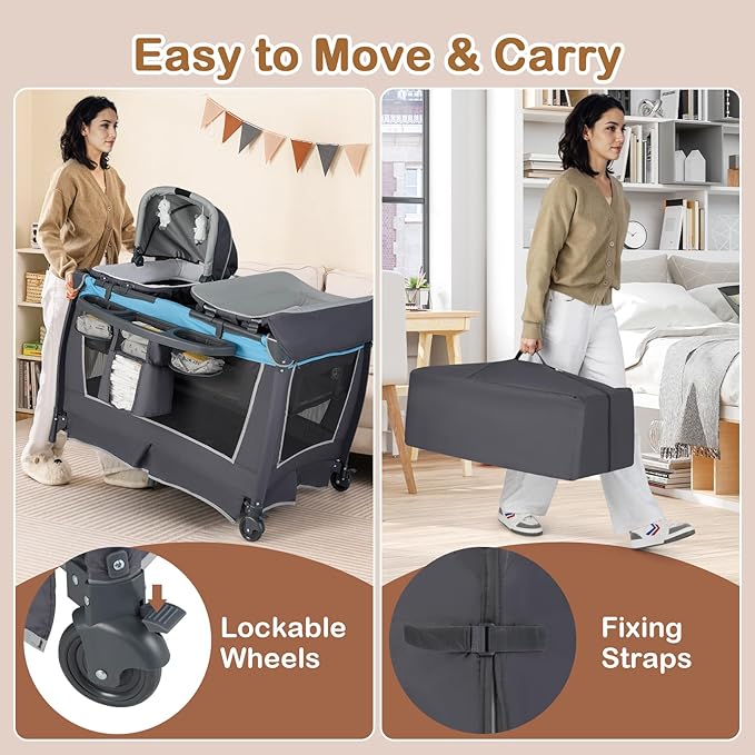 HONEY JOY Pack and Play, 5 in 1 Portable Infant Playpen with Bassinet & Changing Table, Storage Bag, Music Box, Toys, Carry Bag, Nursery Center, Baby Playard Pack n Play Crib for Boys Girls