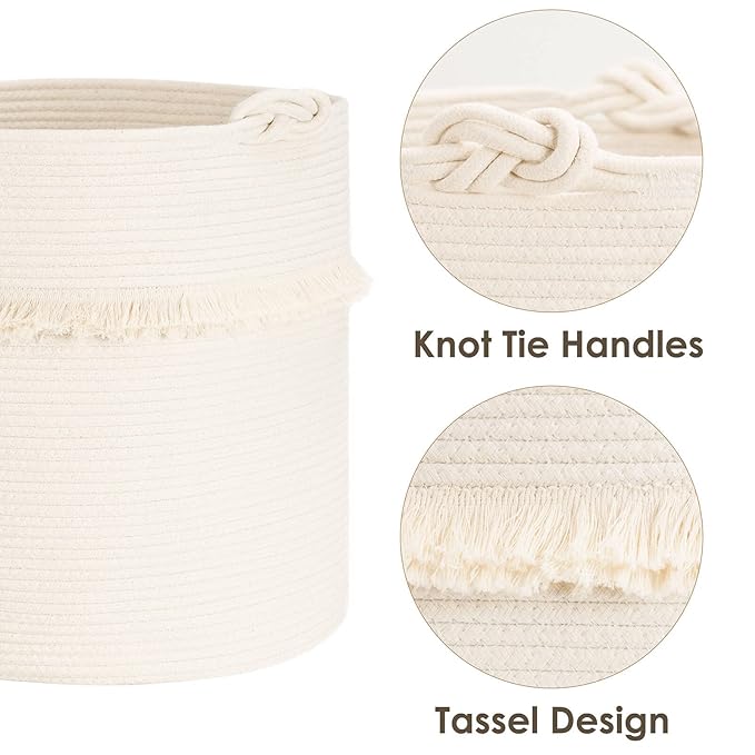 CherryNow Extra Large Woven Storage Baskets – 17'' x 16'' Cotton Rope Decorative Hamper for Magazine, Toys, Blankets, and Laundry, Cute Tassel Nursery Decor - Home Storage Container Off-white