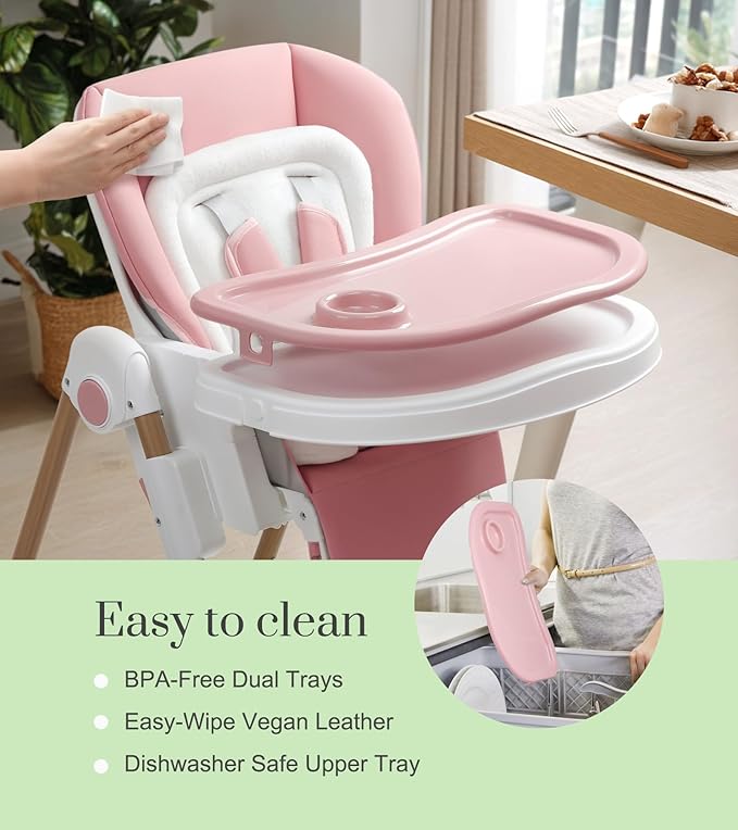 Mallify Foldable High Chairs for Babies and Toddlers, 3-in-1 Convertible Baby High Chair with Removable Soft Cushion and Tray, Adjustable Height & Recline, Lockable Wheels, Pink