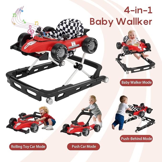 Baby Walker with Wheels, 4-in-1 Baby Walker for Boys Girls Foldable Activity Walker with Adjustable Height Toddler Infant Walker with Music and Lights Walker for Baby 6-24 Months, Red