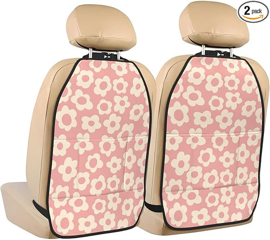 Vintage Groovy Flowers Car Kick Mats Back Seat Protector 2 Pack Auto Seat Back Covers with 3 Organizer Travel Accessories Universal Vehicle Interior from Dirt, Mud