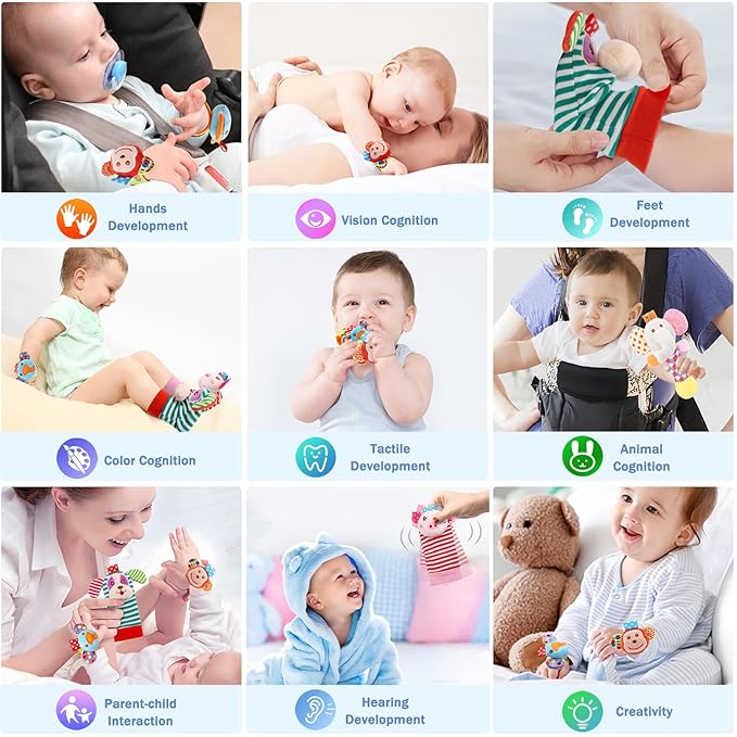 BLOOBLOOMAX Wrist Rattles Foot Finder Rattle Sock Baby Toy,Rattle Toy,Arm Hand Bracelet Rattle,Feet Leg Ankle Socks,Activity Rattle Present Gift for Newborn Infant Babies Boy Girl Bebe (5pcs-E)