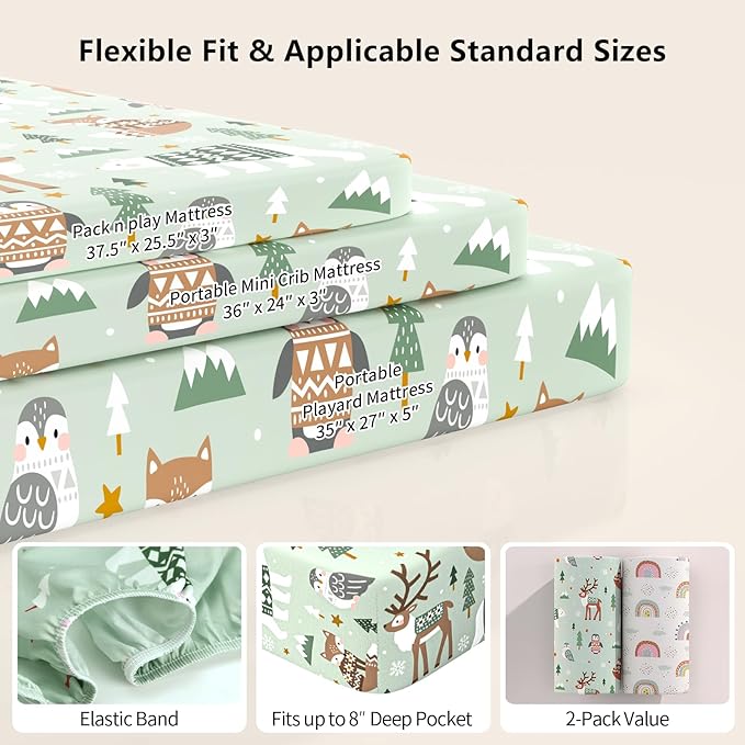 Pack N Play Sheets Fitted, 2-Pack Fit for Standard Pack N Play Mattress, Mini Crib Sheets,Breathable Soft Unisex Playard Sheets (Polar Bear & Green Rainbow)