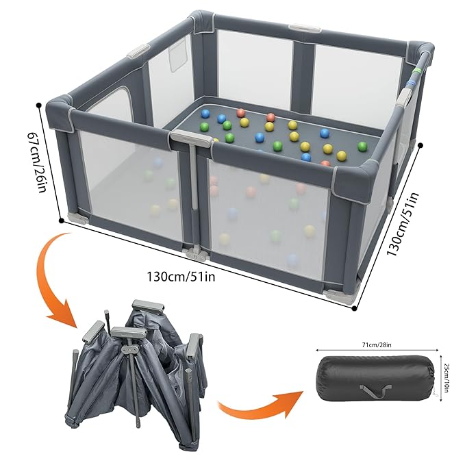 Foldable Playpen for Babies and Toddlers, 51" Portable Play Pen with Mat and Ocean Balls, Play Yard with with Visible Mesh for Inddor and Outdoor, No Assembly Required, Dark Gray