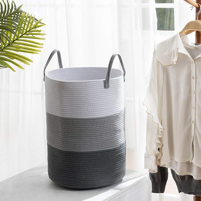 YOUDENOVA Woven Rope Laundry Hamper Basket, 58L Tall Luandry Basket, Baby Nursery Hamper for Blanket Storage, Clothes Hampers for Laundry in Bedroom-Large-Dark Grey