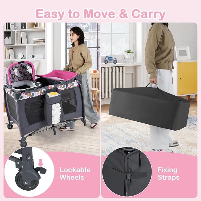 HONEY JOY Pack and Play with Bassinet, Infant Nursery Center Pack and Play w/Newborn Cradle & Hanging Toys, Diaper Storage Bag, Music, Carry Bag, Portable Baby Playard w/Changing Station (Pink)