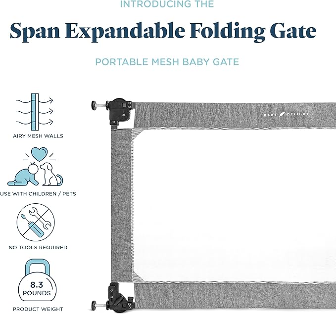 Baby Delight Go with Me Portable Mesh Baby Gate | Span 36-60" Expandable Folding Gate | Pressure Mounted | Charcoal Tweed