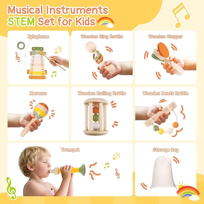 Musical Instruments 7PCS Baby Musical Toys for 18M+ Toddler Boy Girl Toys 2 3 Years Old Wooden Xylophone Maraca Trumpet Rattle, etc. (Storage Bag Included)