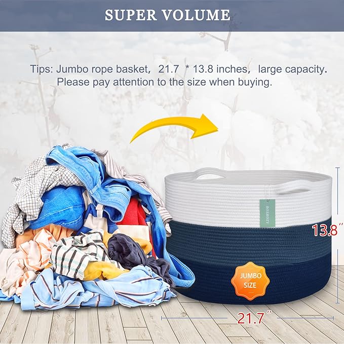 Extra Large Blanket Basket 87L, Laundry Hamper, Baby Nursery Hamper for Storage Toys Clothes Towels, Large Cotton Rope Laundry Basket for Girls Boys, 22”x 14”, White & Cadet Blue & Navy Blue