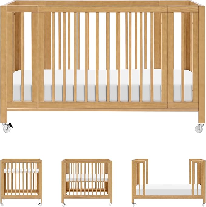 babyletto Rolli 9-in-1 Convertible Baby Crib w/Wheels - Includes Pad & Conversion Kits for Bassinet, Standard Crib, Toddler Bed, Daybed & Junior Bed - GREENGUARD Gold - 3 Adjustable Heights - Honey