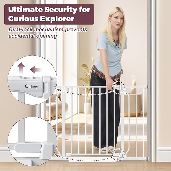 29"-40" Baby Gate for Stairs, Auto Close Stroller Friendly Dog Gate Indoor for Doorways, Pressure Mounted Baby Gate, Easy Walk Through Gate for Children & Pets, White