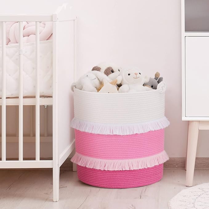 CherryNow Extra Large Woven Storage Baskets – 16'' x 17'' Cotton Rope Decorative Pink Hamper for Nursery, Toys, Blankets, and Laundry, Cute Tassel Nursery Décor for Baby & Girl