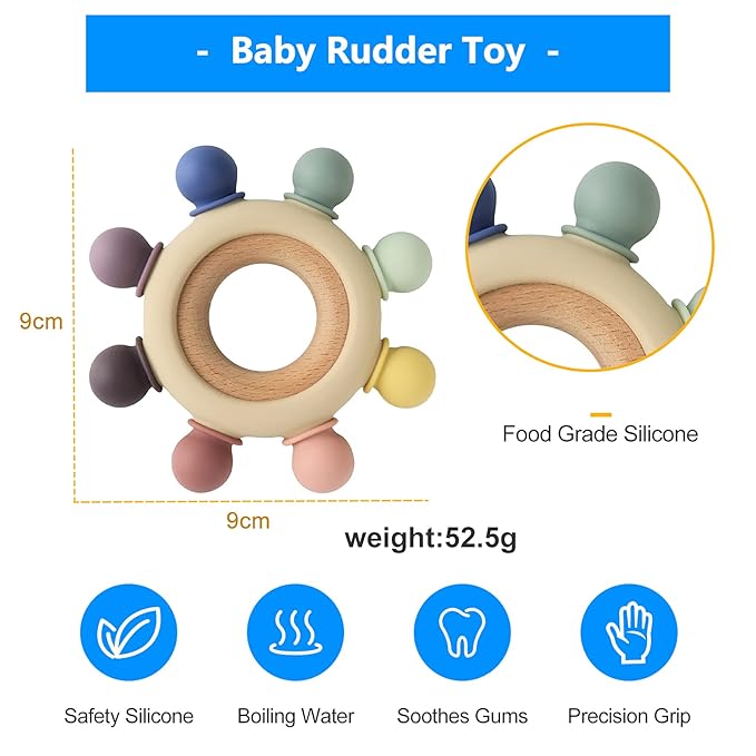 Baby Teething Toys Silicone Teethers BPA Free Silicone Rudder with Wooden Ring Soothe Babies Gums (8 Directions - Gray)