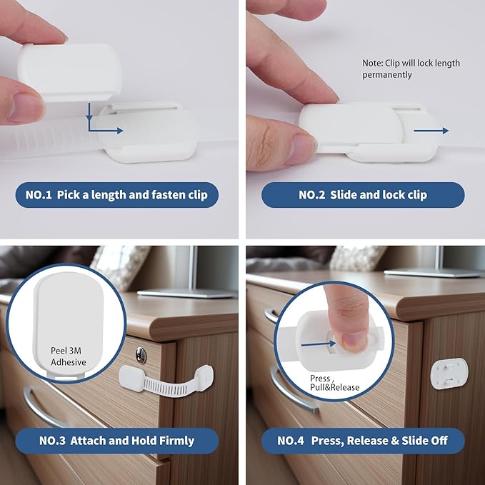 Child Proof Cabinet Locks - Cabinet Locks Baby Proofing with 3M Adhesives for Refrigerator, Oven, Cupboards, Toilet Seat - Adjustable,Easy Installation,No Drilling (4 Pack)