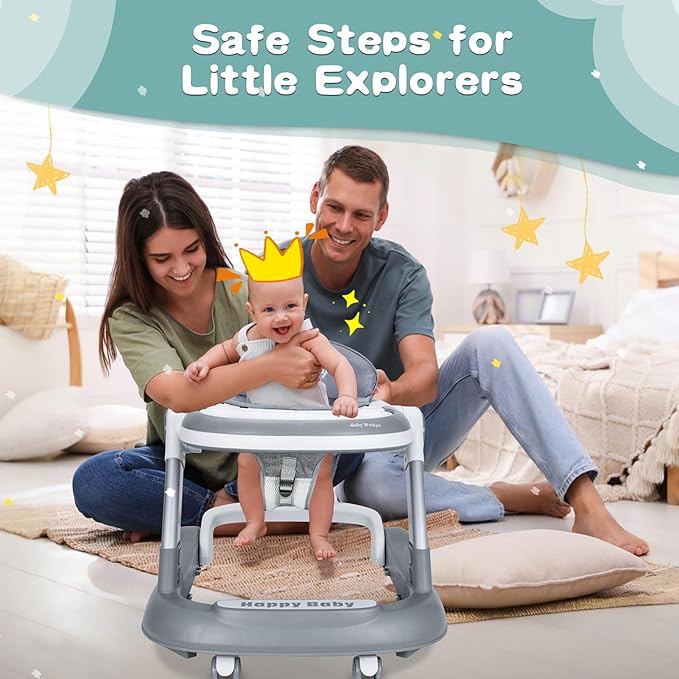 Baby Walker with Wheels 4 in 1 Foldable Activity Center with Mute Wheels Adjustable Heights Anti-Fall Activity Center for Boys Girls Safe Infant Toddler Walker with Footrest for 6-24 Months