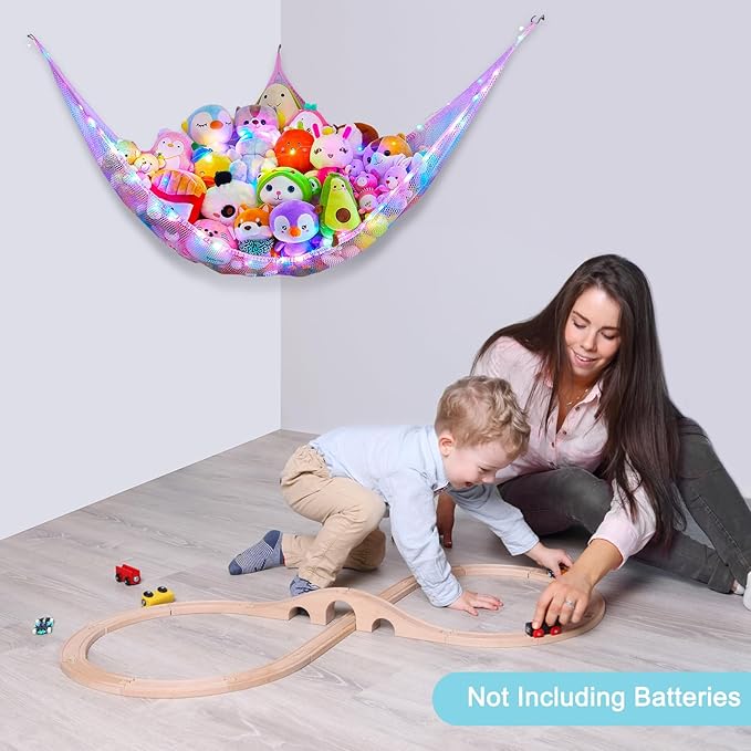 Unicorn Castle Stuffed Animals Net or Hammock Kids Toy Storage Organizer with LED Light Hanging Corner Stuffed Animals Holder Kids Girls Room Decor (Pack of 1)