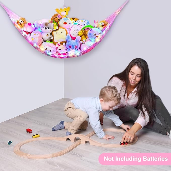 Unicorn Castle Stuffed Animals Net or Hammock Kids Toy Storage Organizer with LED Light Hanging Corner Stuffed Animals Holder Kids Girls Room Decor (Pack of 1)