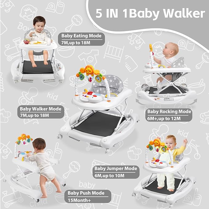 Baby Walker, 5 in 1 Baby Walkers for Boys Girls 6-12 Months, Foldable Walkers for Babies with Bouncer & Feeding Tray, Music, Adjustable Heights, Activity Walker for Infant