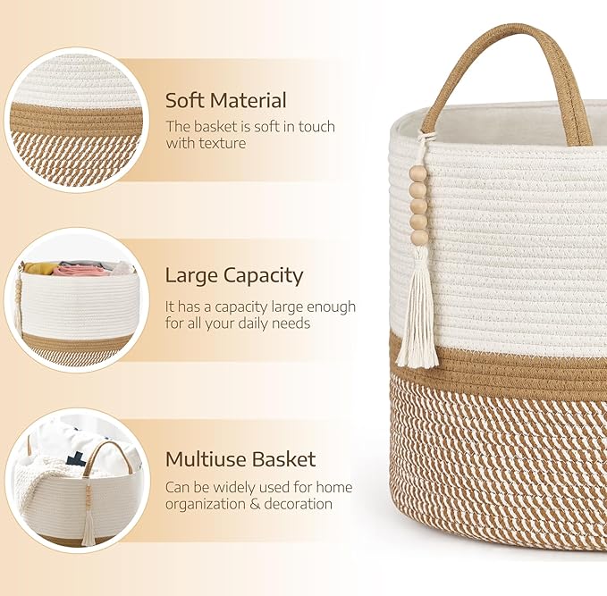 Mkono Woven Storage Basket Decorative Natural Rope Basket Wooden Bead Decoration for Blankets,Toys,Clothes,Shoes,Plant Organizer Bin with Handles Living Room Home Decor, 16"W×13.8"L, White and Brown