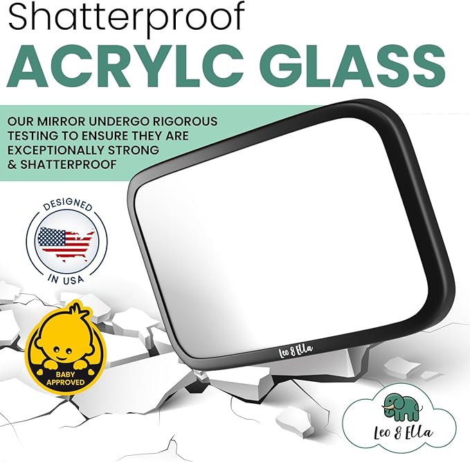 Leo and Ella - Tesla Fixed Headrest Baby Car Mirror, Extra Large Car Mirror For Baby, Shatterproof & Adjustable Safety Mount with Elastic Strap