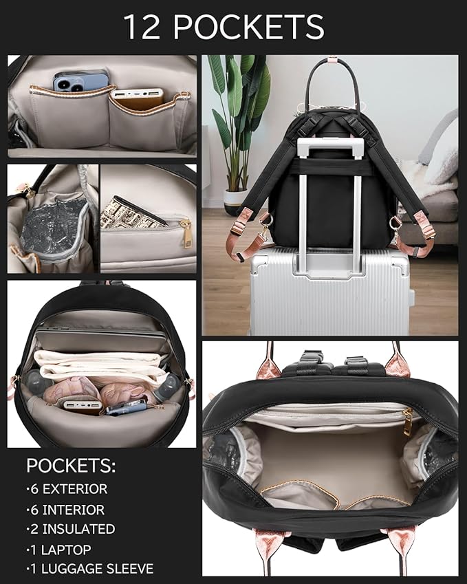 18 Pockets Diaper Bag Backpack with Waterproof Pockets and Stroller Buckle, Convertible Tote Bag (Black-pink, Medium)